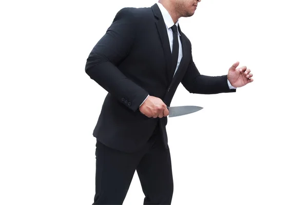 Businessman Black Suit Stands Holding Knife Ready Attack His Target — Stock Photo, Image