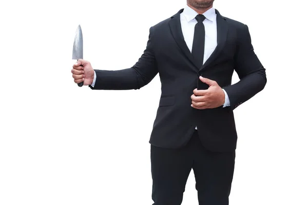 Podnikatel Černém Obleku Stojí Nožem Bílém Pozadí Izolace Businessman Vražda — Stock fotografie