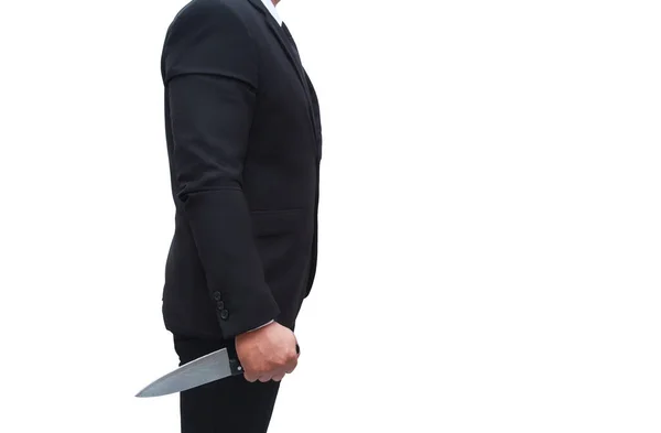 Homme Affaires Costume Noir Tient Couteau Prêt Attaquer Cible Sur — Photo