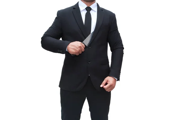 Homme Affaires Costume Noir Tient Debout Pour Tirer Couteau Poitrine — Photo
