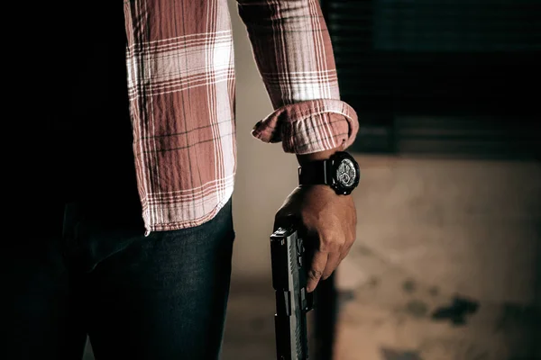 Thief Striped Shirt Gun Breaks Door Robber Concept — Stock Photo, Image