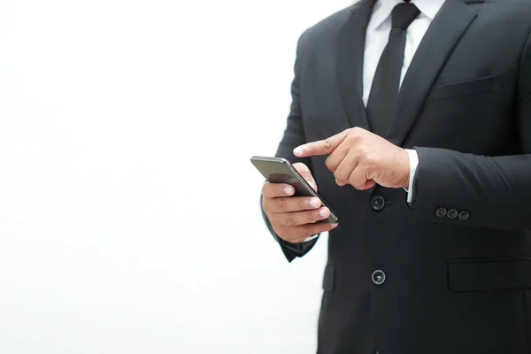 商人检查移动智能手机和移动设备技术 以确定孤立的白色产品 营销和营业收入 — 图库照片