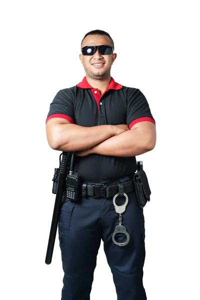 Security Guards Wearing Black Glasses Stand Arms Crossed Rubber Batons — Stock Photo, Image