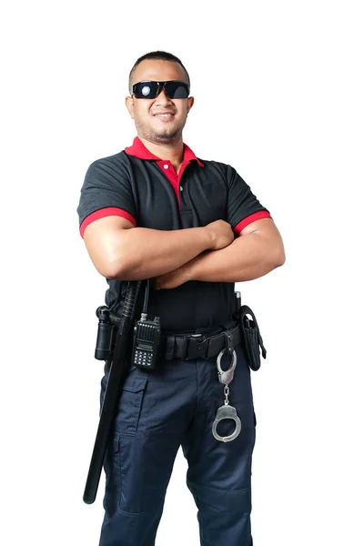 Security Guards Wearing Black Glasses Stand Arms Crossed Rubber Batons — Stock Photo, Image