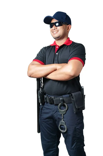 Security Guard Wears Black Glasses Wears Hat Stand Arms Crossed — Stock Photo, Image