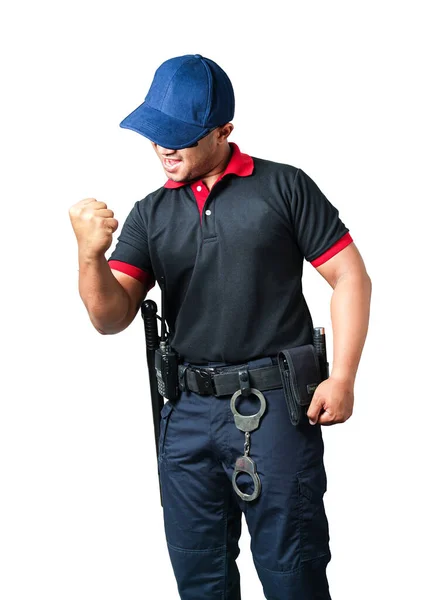 一个戴着黑色护目镜戴着帽子的保安人员高兴地紧握着拳头 在战术腰带上戴着橡胶警棍和手铐 消除安全的概念 — 图库照片
