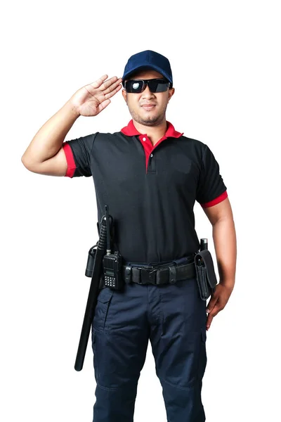 Security Guard Wearing Black Glasses Wearing Cap Salutes Has Rubber — Stock Photo, Image