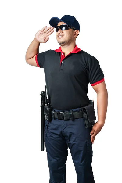 一名戴黑眼镜 头戴帽子 敬礼的保安人员在战术腰带上戴着橡皮警棍和手铐 消除安全的概念 — 图库照片