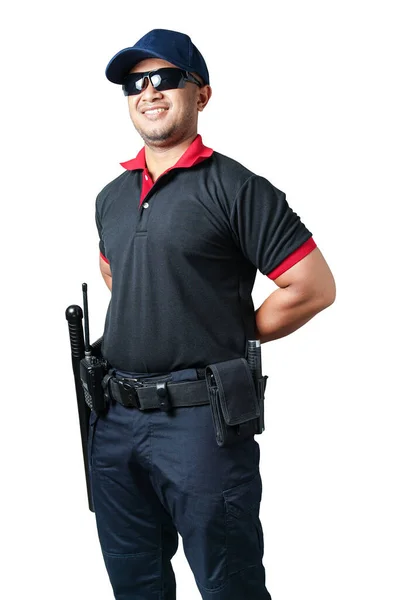 警卫戴着黑眼镜 头戴帽子 站在那里准备好了 战术腰带上有橡胶警棍和手铐 消除安全的概念 — 图库照片