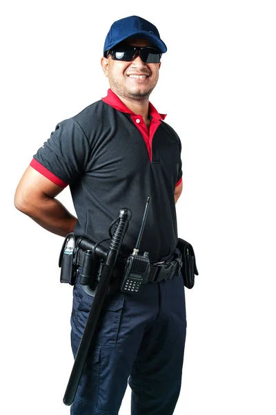 警卫戴着黑眼镜 头戴帽子 站在那里准备好了 战术腰带上有橡胶警棍和手铐 消除安全的概念 — 图库照片