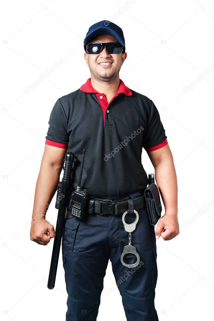 Security guards wearing black glasses and hats The smiling stand has a rubber baton ready and handcuffs on the tactical belt. on a isolated white background Eliminate the concept of security