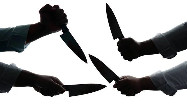 Zbiór Przestępców Posiadających Zakrwawione Noże Białym Tle Wyciąć — Zdjęcie stockowe