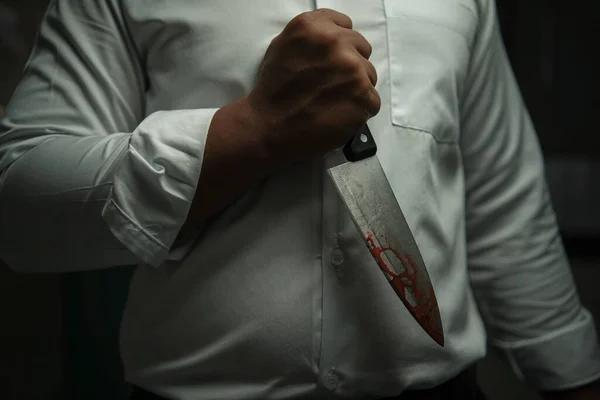 Criminal Businessman Wearing White Long Sleeved Shirt Holding Bloody Knife — Stock Photo, Image