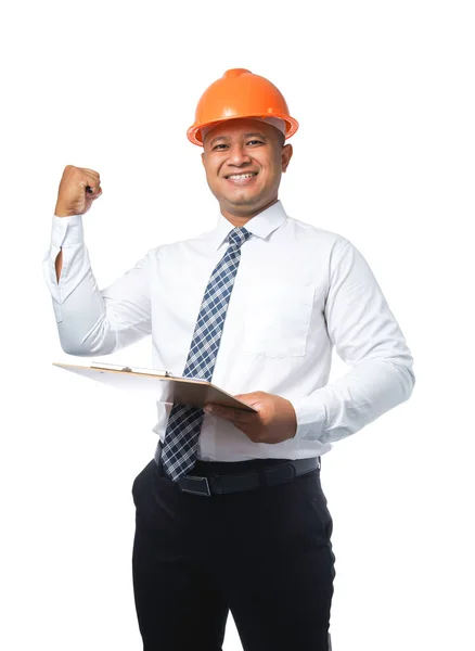 Young Engineer Architect Standing Clipboard Fist Gesturing Very Happy Smiling — Stock Photo, Image