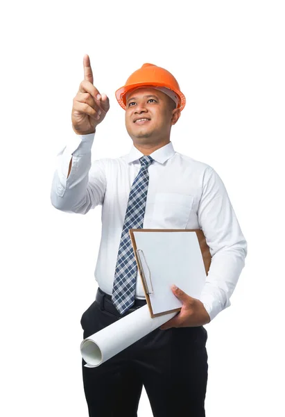 Young Engineer Architect Standing Holding Blueprint Clipboard Pointing Smiling Happy — Stock Photo, Image