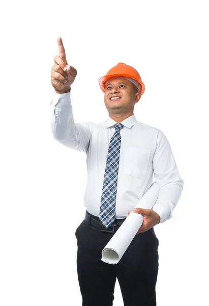 Young Engineer Architect Standing Holding Blueprint Pointing Smiling Happy Isolated — Stock Photo, Image