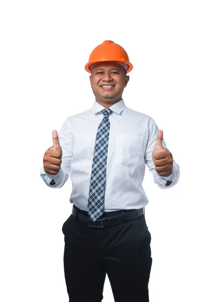 Young Engineer Architect Smiling Happy Thumbs Isolated White Background Clipping — Stock Photo, Image