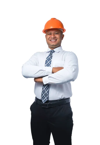 Jovem Engenheiro Arquiteto Com Braços Cruzados Sorrindo Feliz Isolado Fundo — Fotografia de Stock