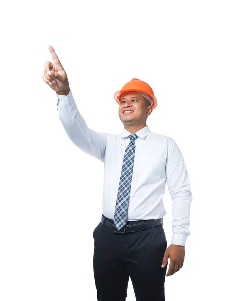 Young Engineer Architect Standing Pointing Smiling Happy Isolated White Background — Stock Photo, Image