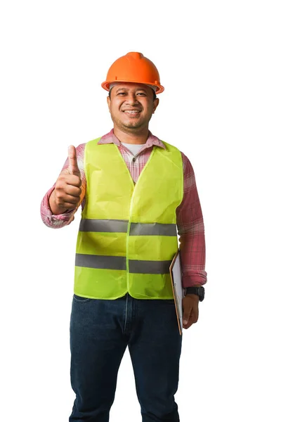 Retrato Ingeniero Jefe Guapo Con Sombrero Duro Llevando Tigre Reflectante — Foto de Stock