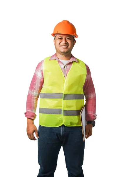 Retrato Ingeniero Jefe Guapo Con Sombrero Duro Llevando Tigre Reflectante —  Fotos de Stock