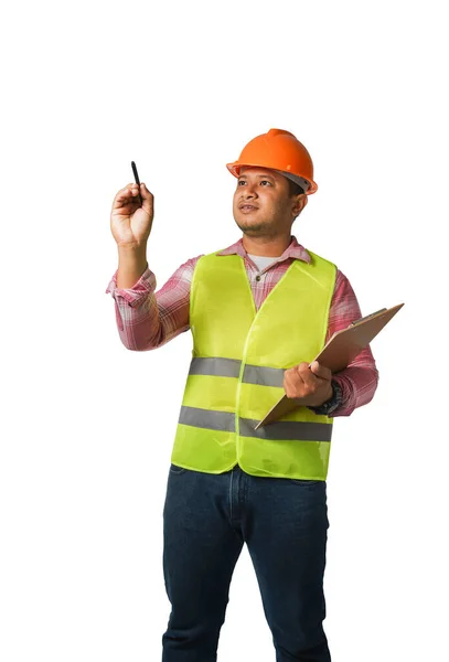 Portret Van Een Knappe Hoofdingenieur Met Een Helm Met Een — Stockfoto