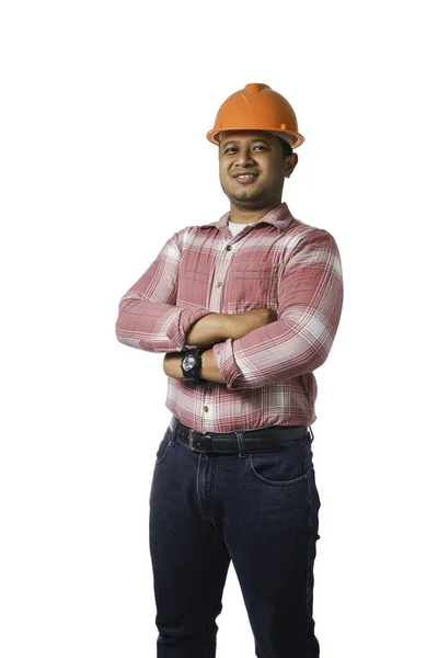 Retrato Belo Arquiteto Engenheiro Chefe Com Chapéu Duro Com Braços — Fotografia de Stock