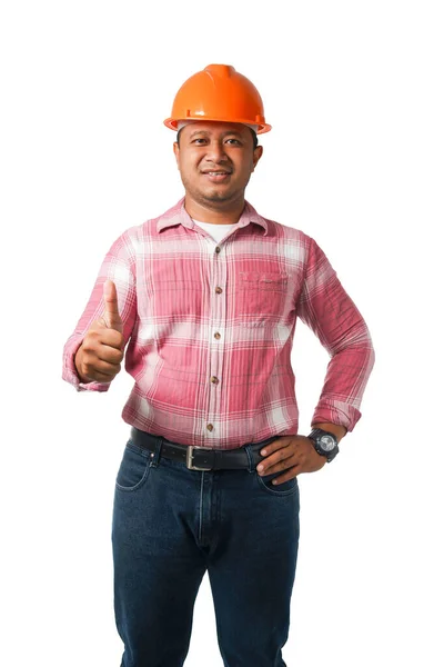 Portrait Handsome Foreman Architect Wearing Hard Hat Thumbs Studio Shot — Stock Photo, Image