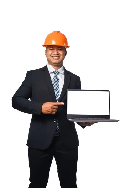 Retrato Engenheiro Chefe Bonito Usando Terno Preto Capacete Laranja Segurando — Fotografia de Stock