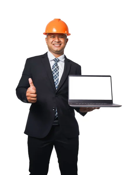 Retrato Ingeniero Jefe Guapo Con Traje Negro Casco Naranja Sosteniendo —  Fotos de Stock