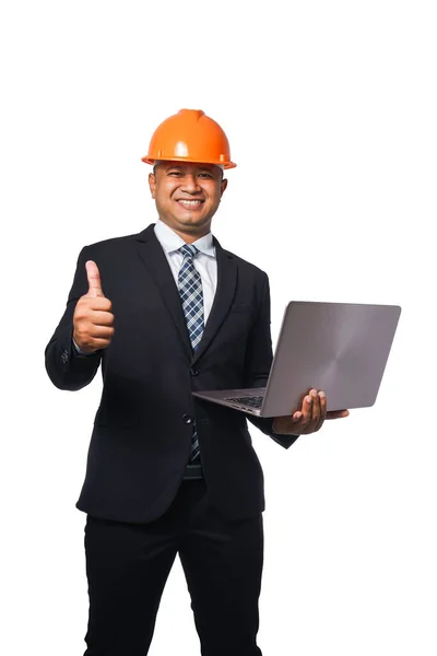 Retrato Ingeniero Jefe Guapo Con Traje Negro Casco Naranja Sosteniendo — Foto de Stock