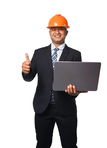 Retrato Ingeniero Jefe Guapo Con Traje Negro Casco Naranja Sosteniendo —  Fotos de Stock