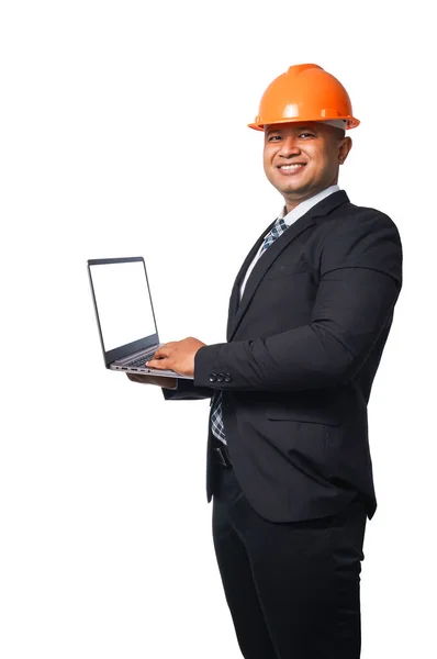 Retrato Engenheiro Chefe Bonito Usando Terno Preto Capacete Laranja Segurando — Fotografia de Stock