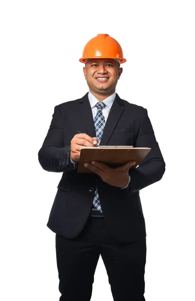 Retrato Ingeniero Jefe Guapo Con Traje Negro Casco Naranja Escritura — Foto de Stock