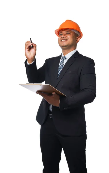 Retrato Engenheiro Chefe Bonito Vestindo Terno Preto Capacete Laranja Escrita — Fotografia de Stock