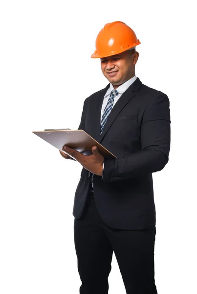 Retrato Engenheiro Chefe Bonito Vestindo Terno Preto Capacete Laranja Escrita — Fotografia de Stock