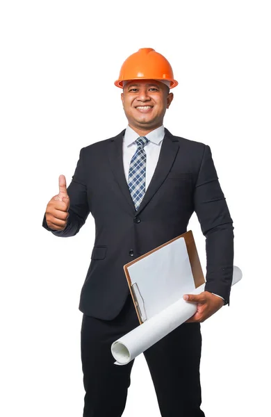 Retrato Bonito Engenheiro Chefe Vestindo Terno Preto Capacete Laranja Segurando — Fotografia de Stock