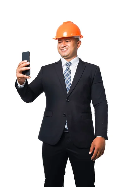 Retrato Engenheiro Chefe Bonito Usando Terno Preto Chapéu Duro Segurando — Fotografia de Stock