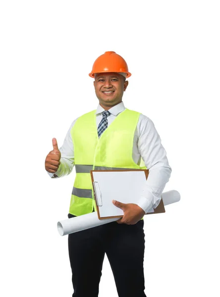 Retrato Belo Engenheiro Chefe Usar Chapéu Duro Veste Colete Reflector — Fotografia de Stock