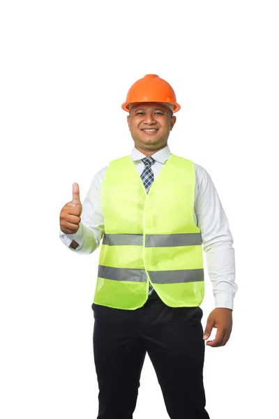 Retrato Ingeniero Jefe Guapo Con Sombrero Duro Usa Chaleco Reflectante —  Fotos de Stock