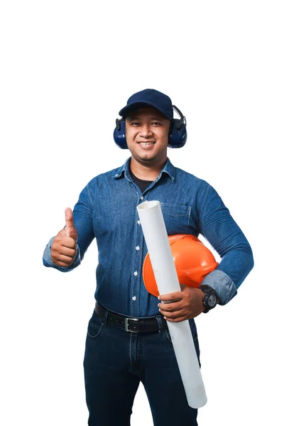 Jovem Engenheiro Segurando Capacete Planta Vestindo Muff Ouvido Vestindo Mangas — Fotografia de Stock