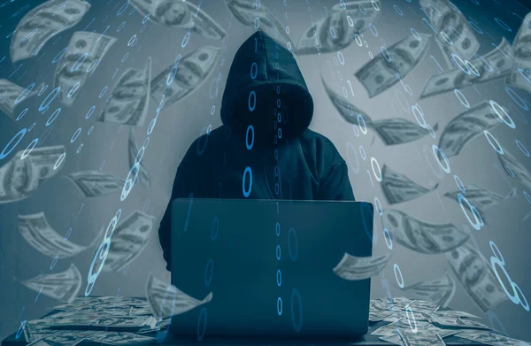 Hacker Wearing Black Hoodie Stealing Huge Financial Data Computers Binary — Stock Photo, Image