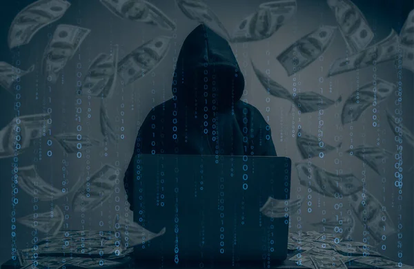 Hacker Wearing Black Hoodie Stealing Huge Financial Data Computers Binary — Zdjęcie stockowe