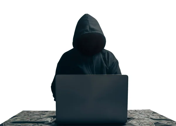 Isolated Unknown Young Man Hacker Sitting Playing Laptop Lots Money — Stockfoto