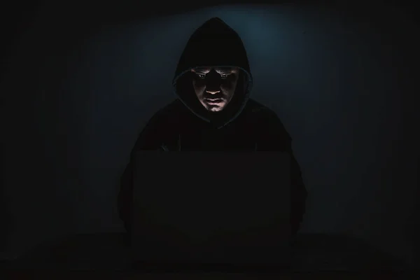 Hacker Wears Long Sleeved Shirt Hood Covering His Head Sitting — Stock Fotó