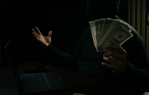 Hands Man Hoodie Holding Money Using Laptop Digging Financial Data — Stock fotografie