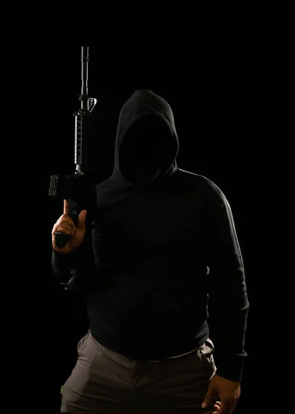 Portrait Terrorist Wearing Black Hoodie Holding M16 Rifle Black Background — 图库照片