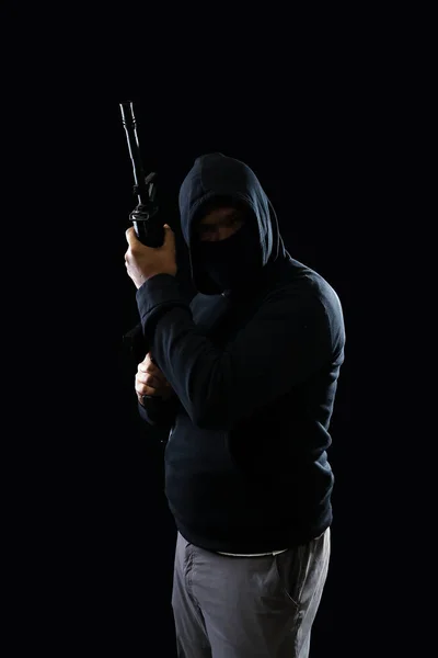 Portrait Terrorist Wearing Black Hoodie Holding M16 Rifle Black Background — Zdjęcie stockowe