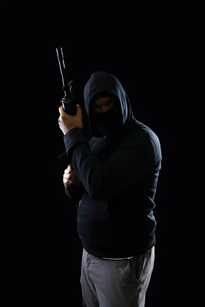 Portrait Terrorist Wearing Black Hoodie Holding M16 Rifle Black Background — Stock fotografie