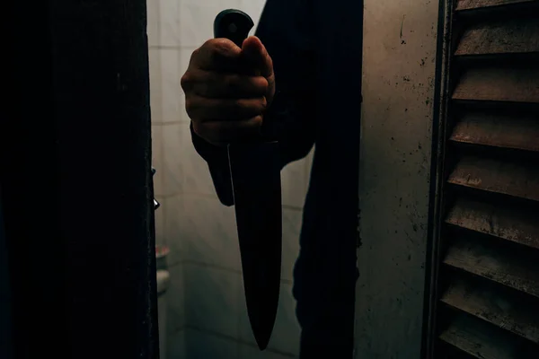 Male Murderer Holding Bloodstained Knife Kills His Victim Very Terrifying — Stock Photo, Image